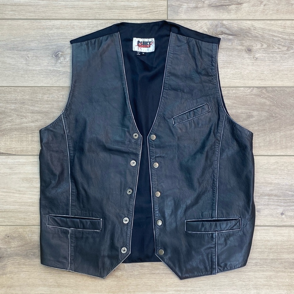 Men's Black Leather Vest Snap Front Biker Rock Vintage Medium